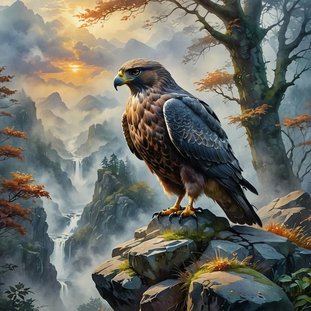 Watercolor Hawk in Surreal Foggy Landscape