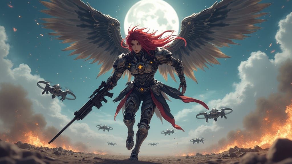 Robotic Anime Angel in War Zone, 3D Art