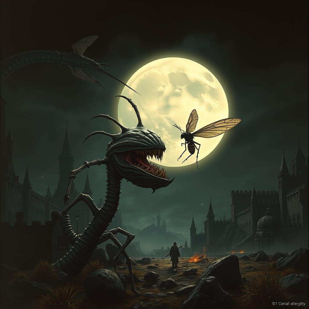 Dystopian Alien Plant Hunts Insect in Mystical Landscape