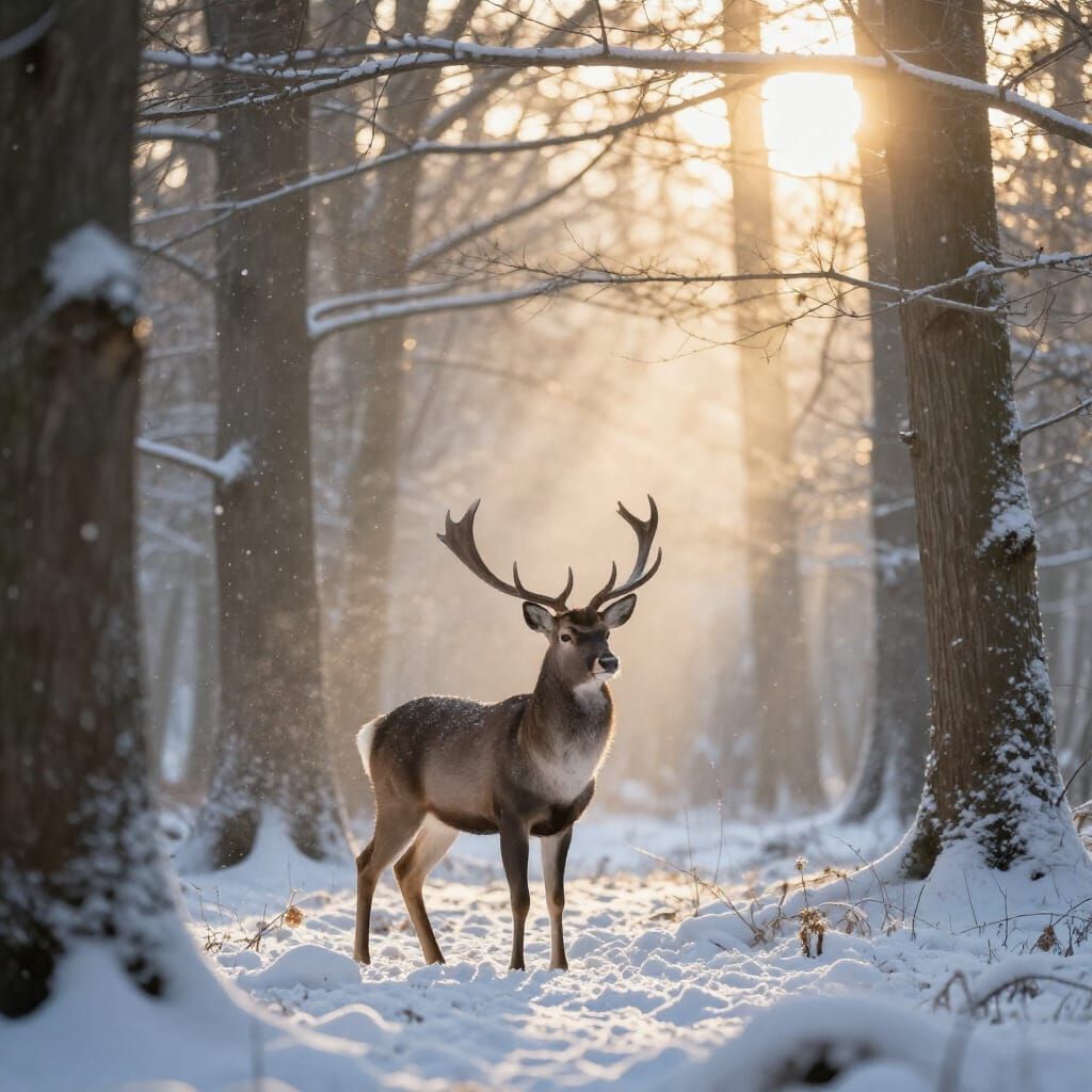 Majestic Stag in Ethereal Sunlit Winter Clearing