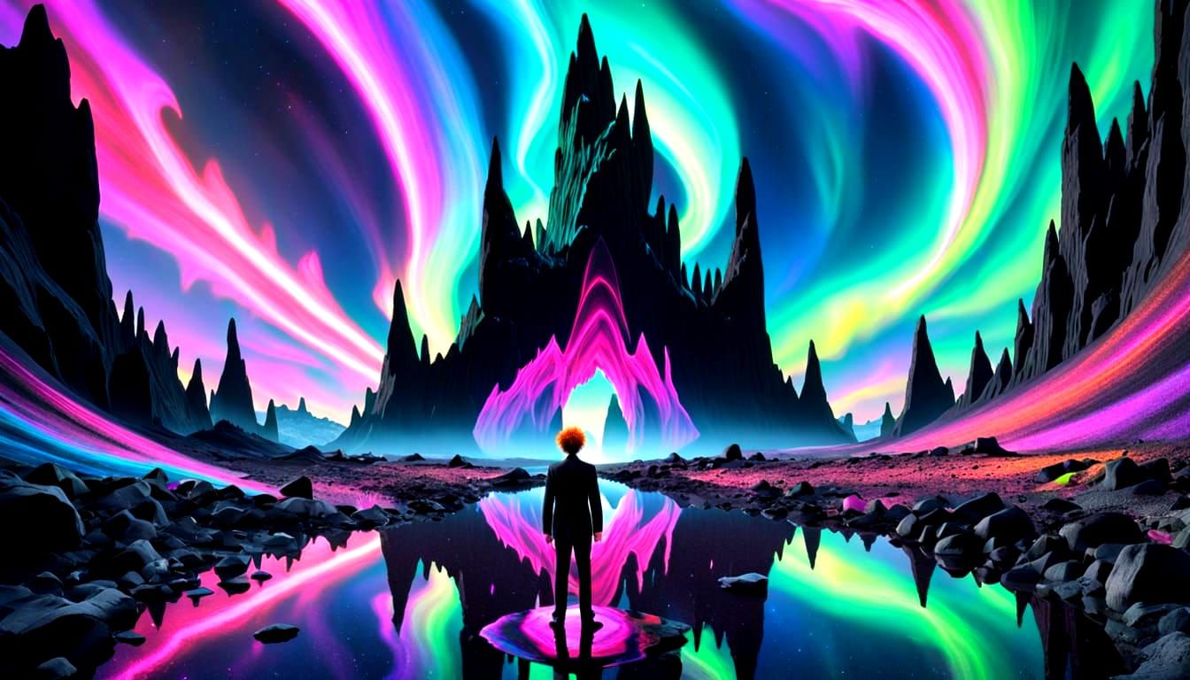 Mirrored Clown in Surreal Aurora Landscape