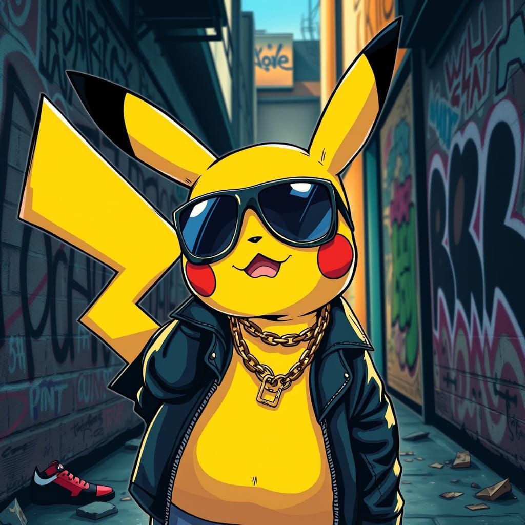 Gangsta Pikachu in Dark Alleyway Graffiti Style
