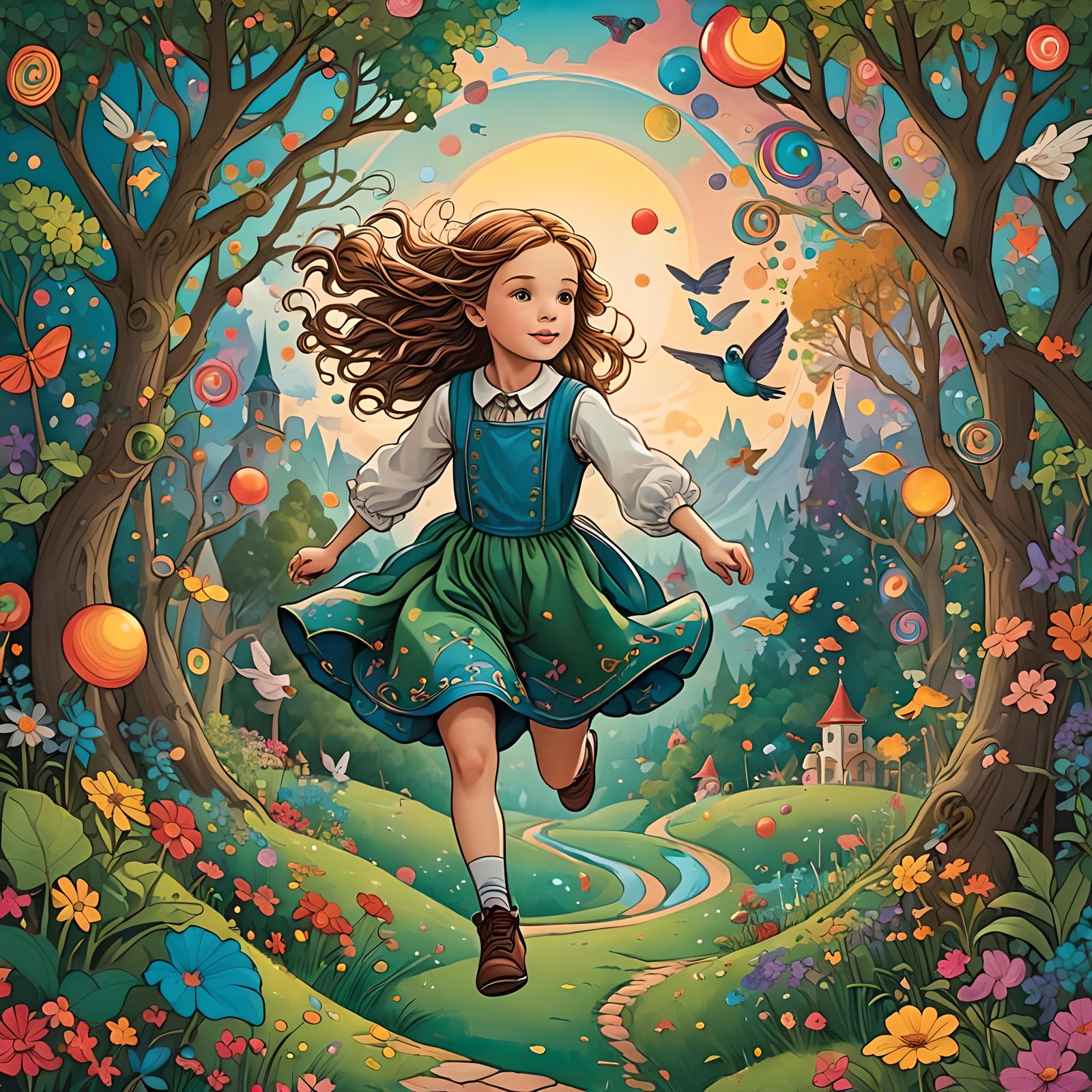 Enchanting Fairytale: Girl Attempts Flight in Colorful Lands...