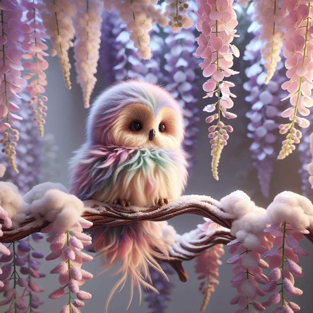 Pastel Rainbow Owl Perched on Snowy Branch
