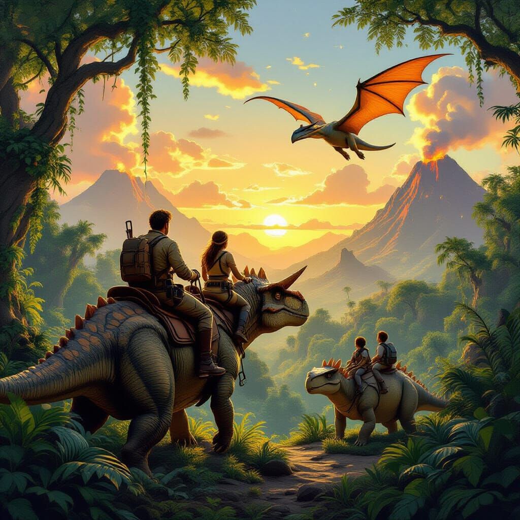 Dinosaur Riders in Prehistoric Jungle Landscape
