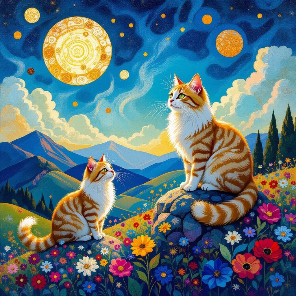 Jumping Cats on Gemstone Planets in Klimt Gold Style