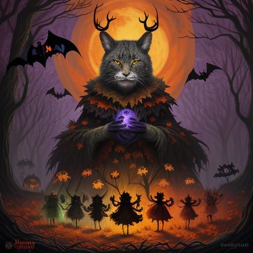 Whimsical Halloween Animals in Spooky Forest