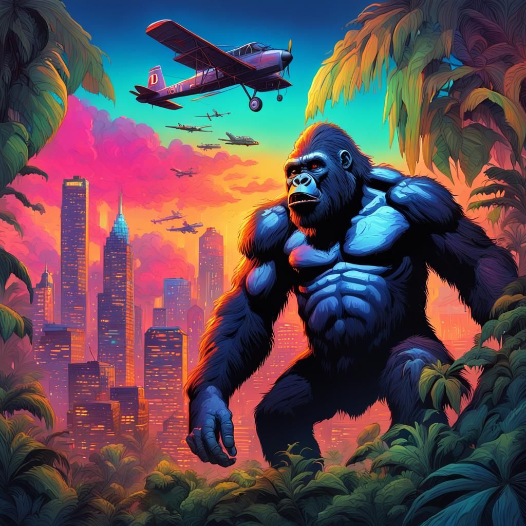 King Kong in Neon City, Hyperrealistic Portrait