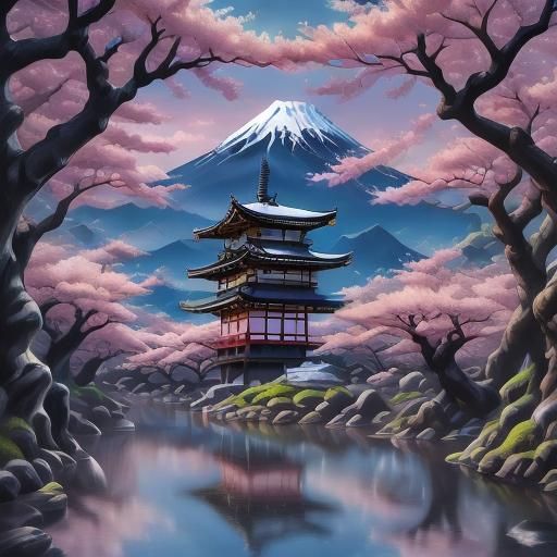 Surreal Japanese Cherry Blossom Lake Landscape