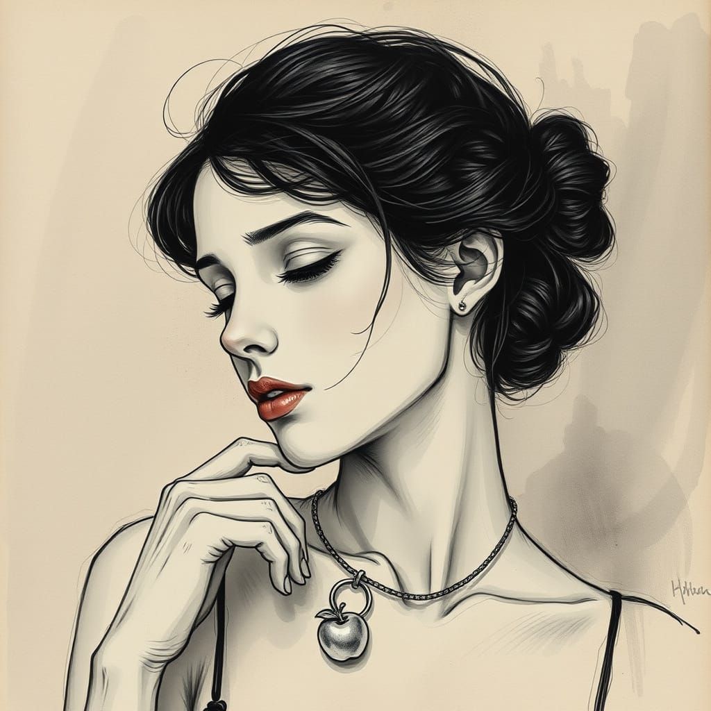 Sensual Young Woman Lost in Thought with Silver Apple Neckla...