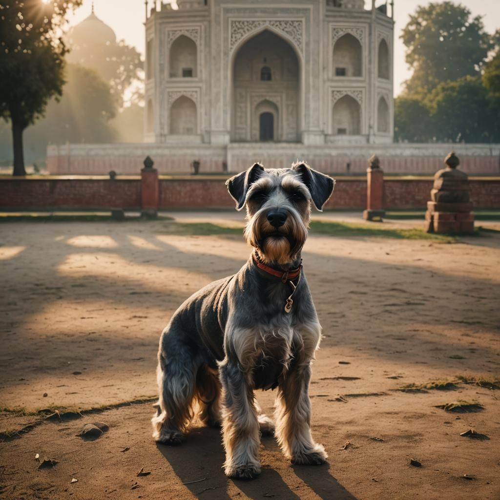 Schnauzer Dog at the Taj Mahal in Golden Hour