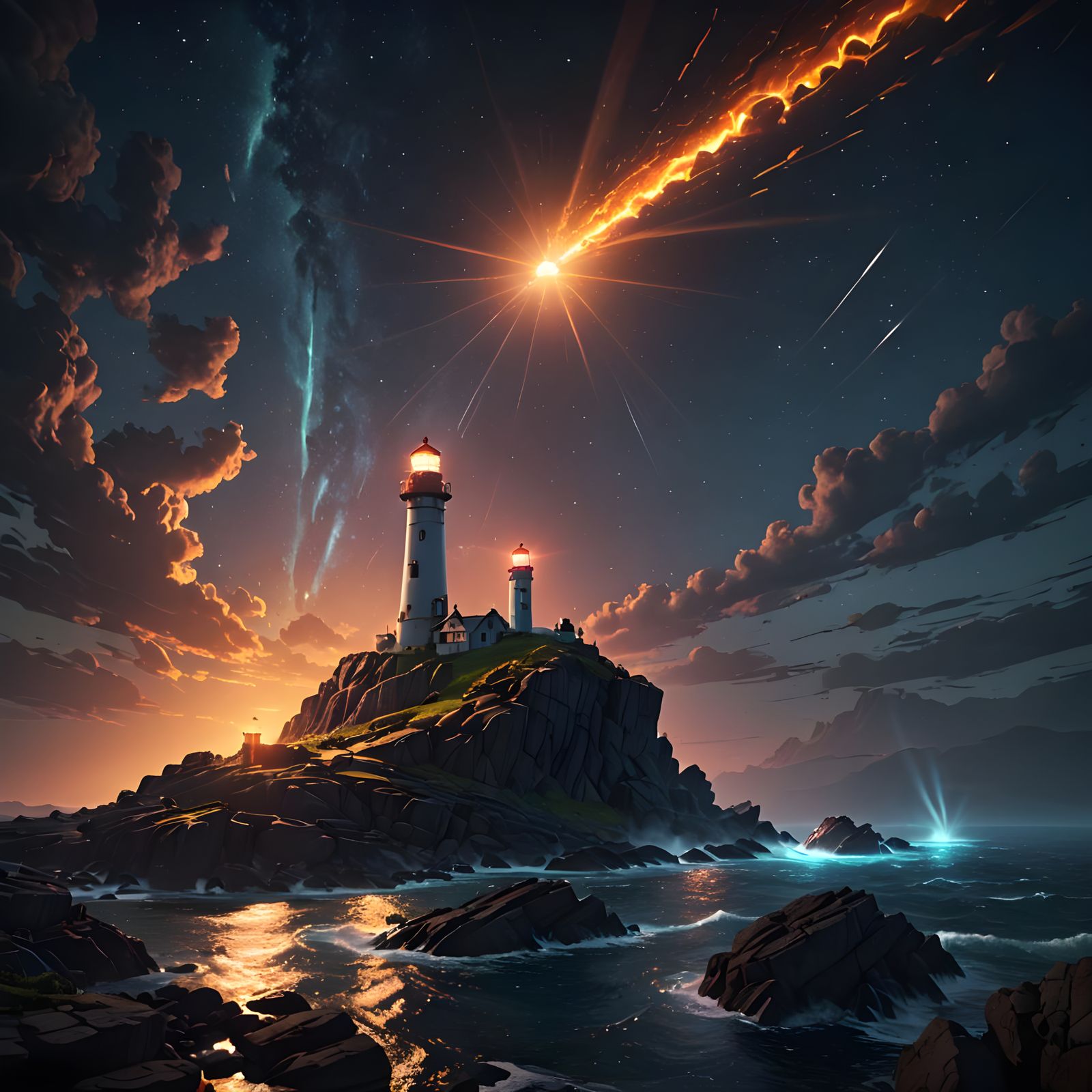 Radiant Lighthouse in Void: Dreamlike Fantasy Art