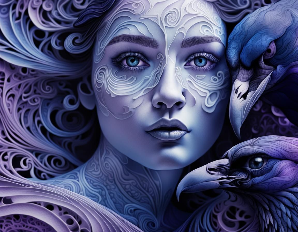 Surreal Woman Portrait with Swirling Patterns in Digital Art