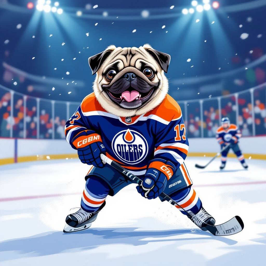 Joyful Pug Plays Hockey in Oilers Jersey