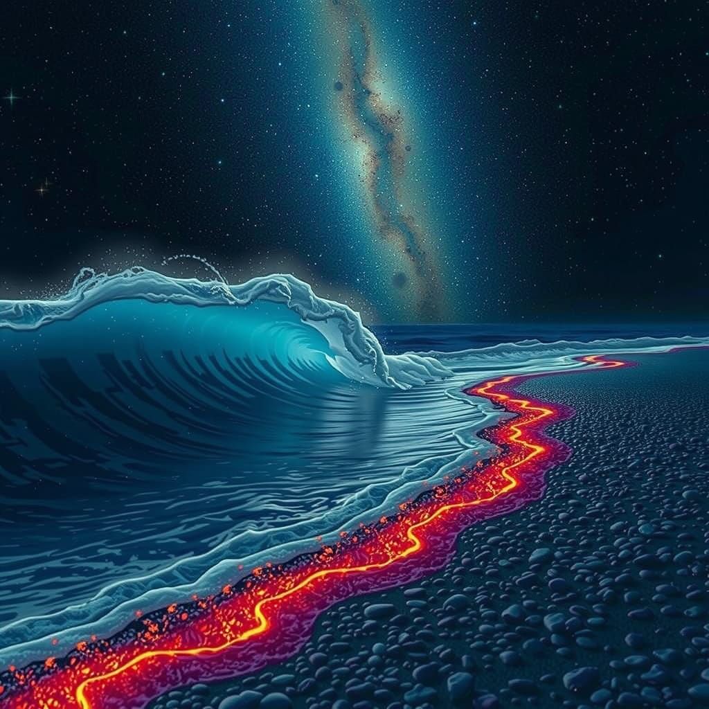 Serene Seaside Dusk with Shimmering Lights and Radiant Pebbl...