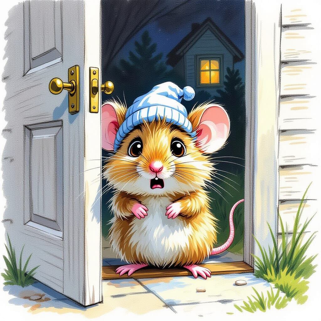 Frightened Mouse Peeking Out the Door: Colored Pencil Art