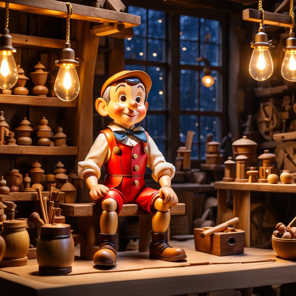 view of Pinocchio wooden doll inside Geppetto's wooden works...