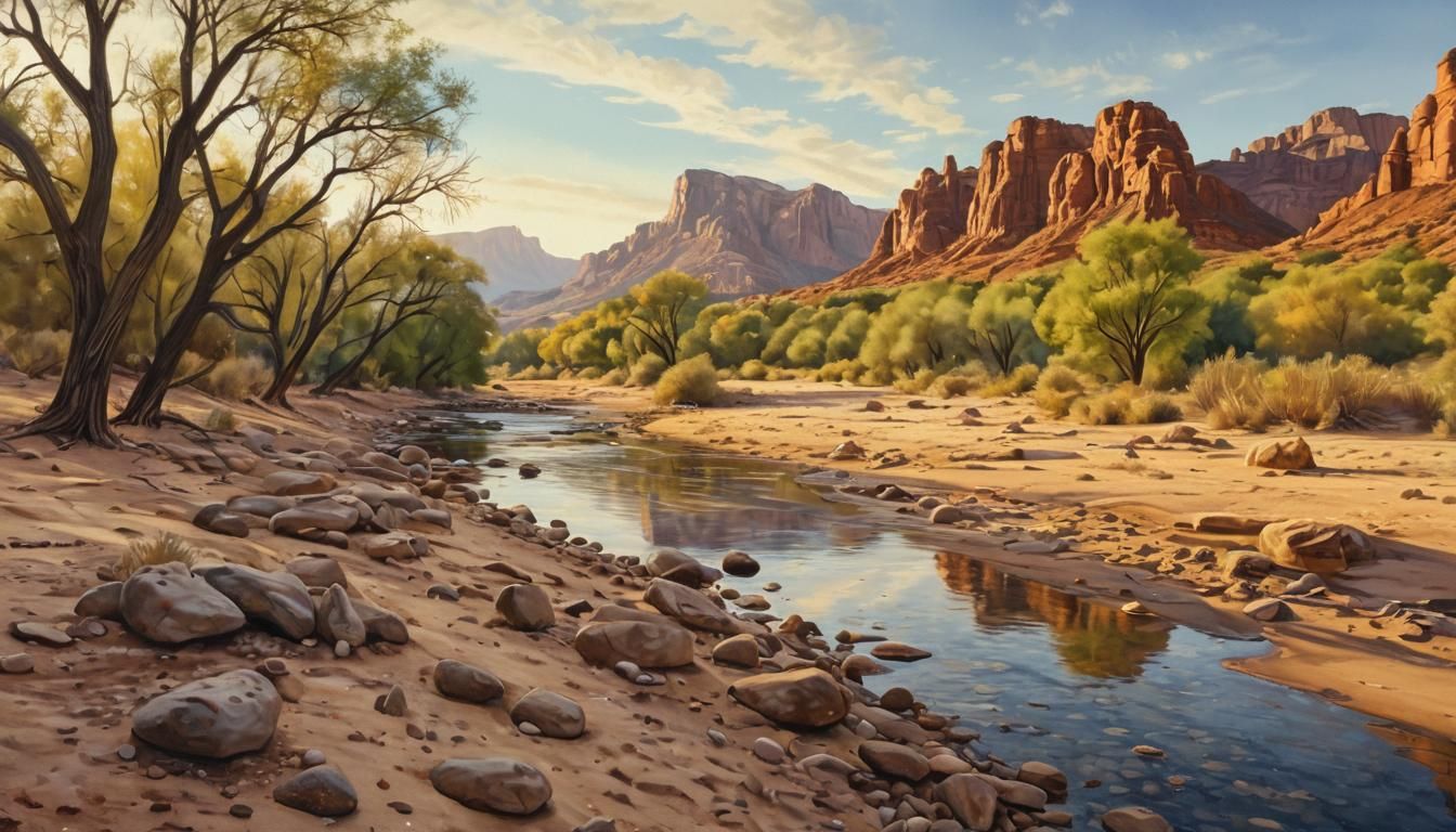 Arizona River Scene in Surreal Watercolor Style