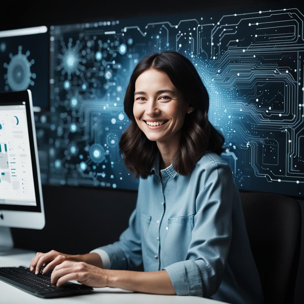 a dark haired caucasion woman working on her computer, she i...