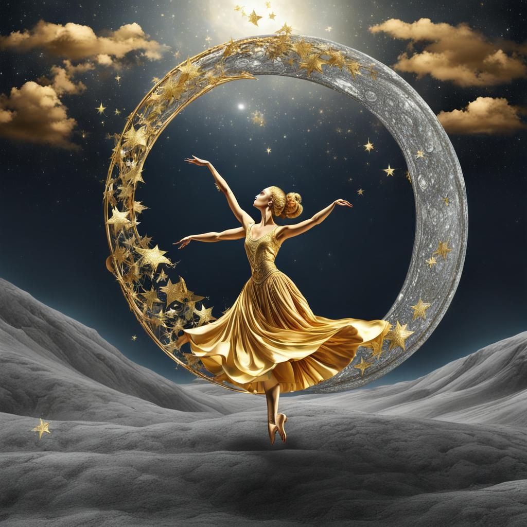 Golden Dancer on Silver Moon: Surreal Dreamscape