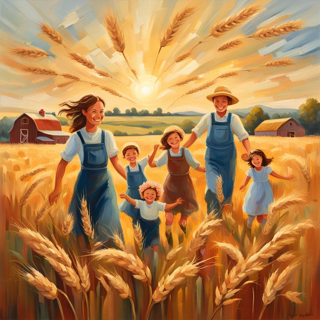 Happy Family in Wheat Field: Whimsical Folk Art