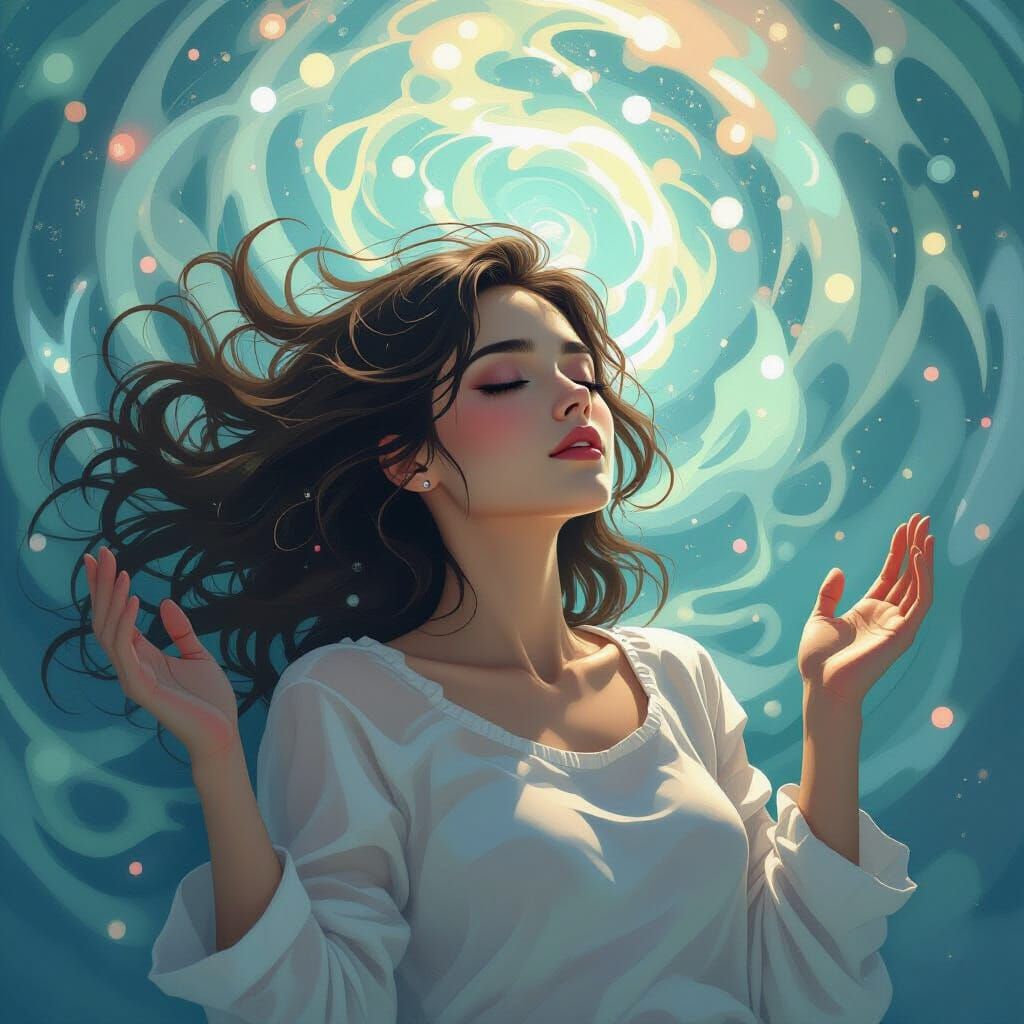Woman in Trance Surrounded by Swirling Lights