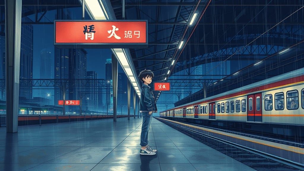 Lonely Anime Boy Under Nocturnal Train Station