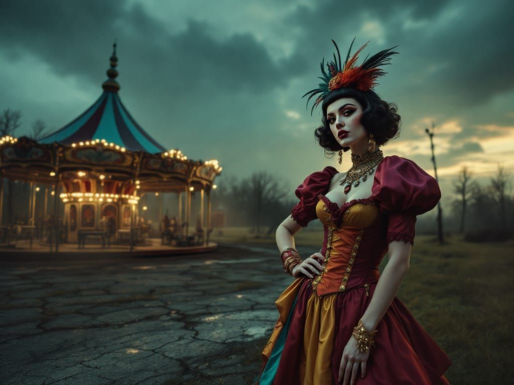 Carnival Performer in Desolate Dusk Landscape