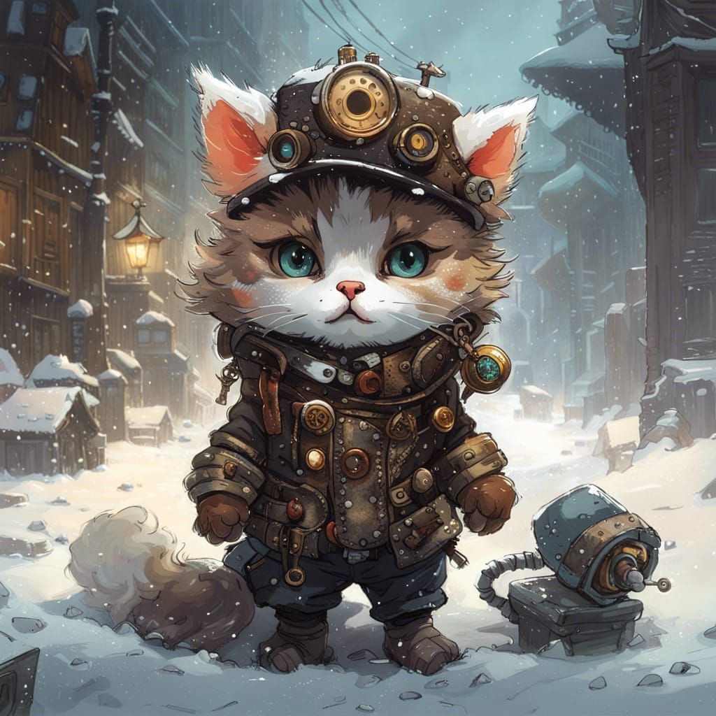 Steampunk Chibi Kitten Portrait in Winter