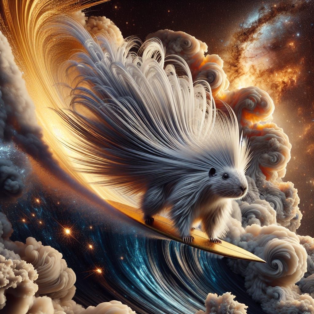 Surreal Porcupine Surfer Rides Comet Tail in Celestial Wonde...