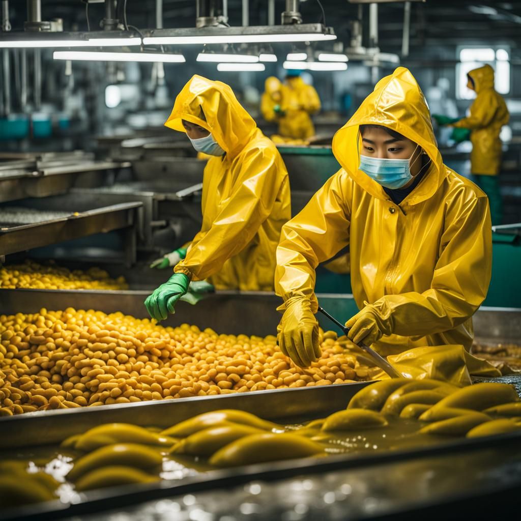 Fish Factory: Young Women in Yellow Rain Suits