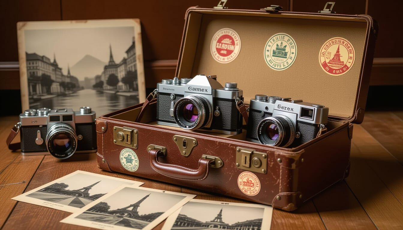Vintage Camera Equipment in Old Suitcase