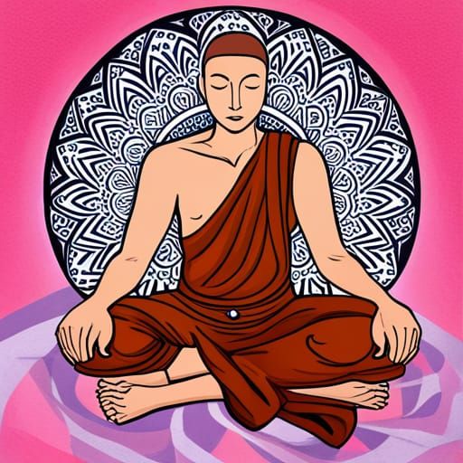 Meditating Monk Geometric Drawing with Mandala