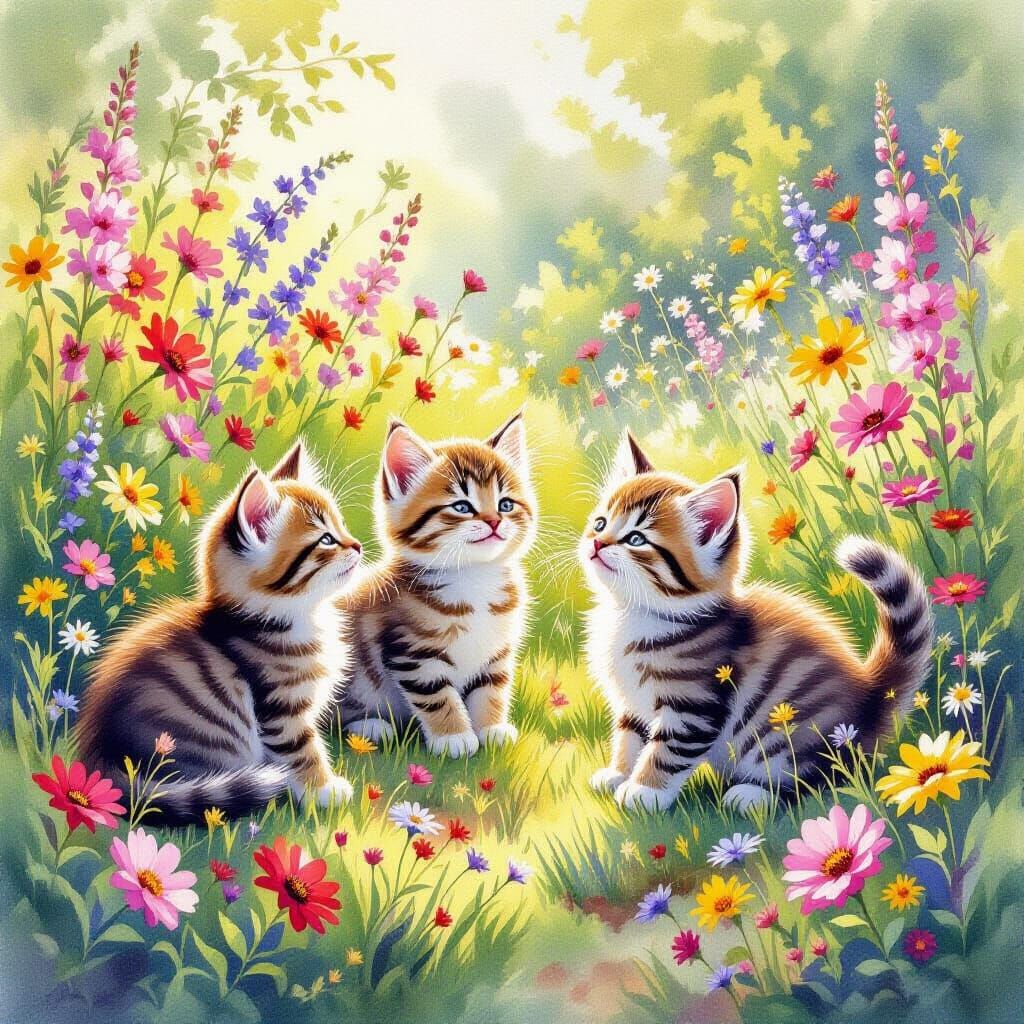 Playful Kittens in Sunlit Garden Watercolour