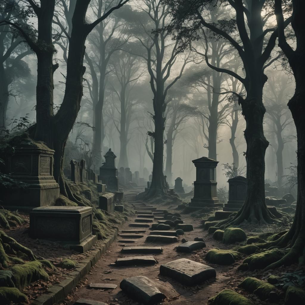 Eerie Cemetery Path at Dawn in Cinematic Style