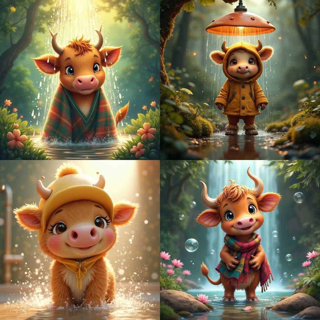 Fantastical Highland Cow in a Vibrant Shower Scene