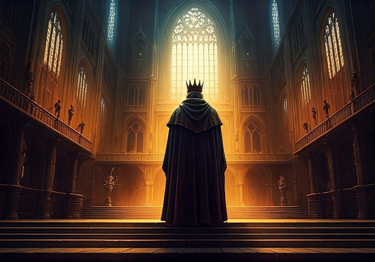 Regal Figure in Town Hall: Hyperrealistic Splash Art