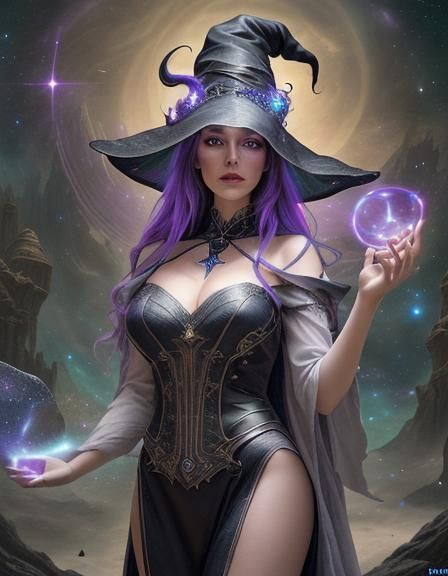 a majestic floating female witch with magic lights around he...