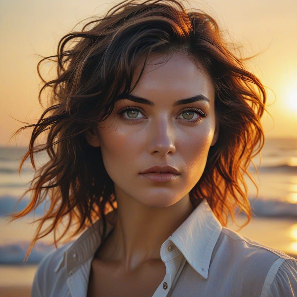 Steampunk Brunette on Tropical Beach, Drew Struzan Style