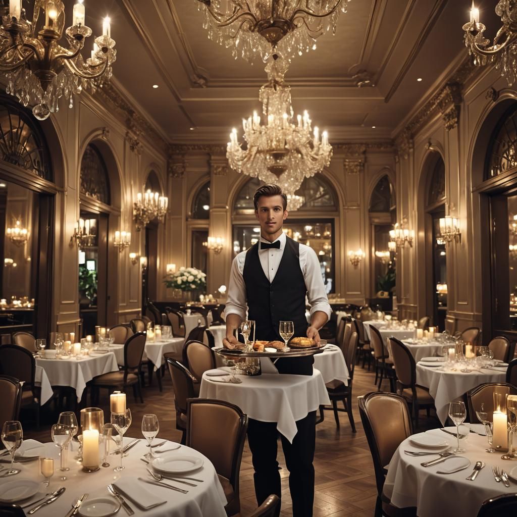 Luxurious Restaurant Scene: Waiter Serving, Digital Art