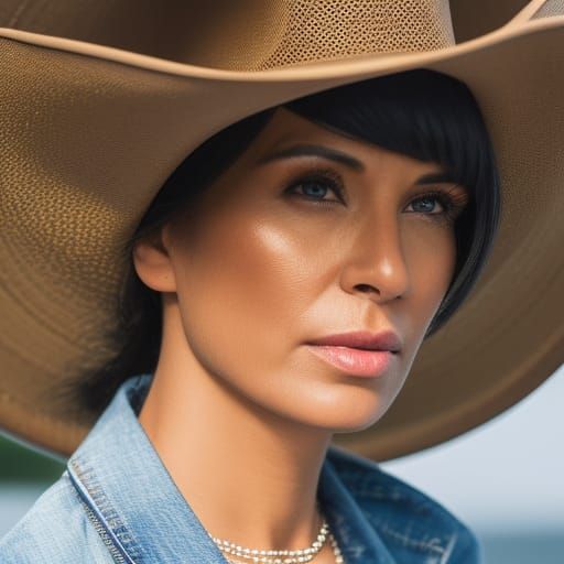 Woman in Cowboy Hat at Table, Detailed Portrait