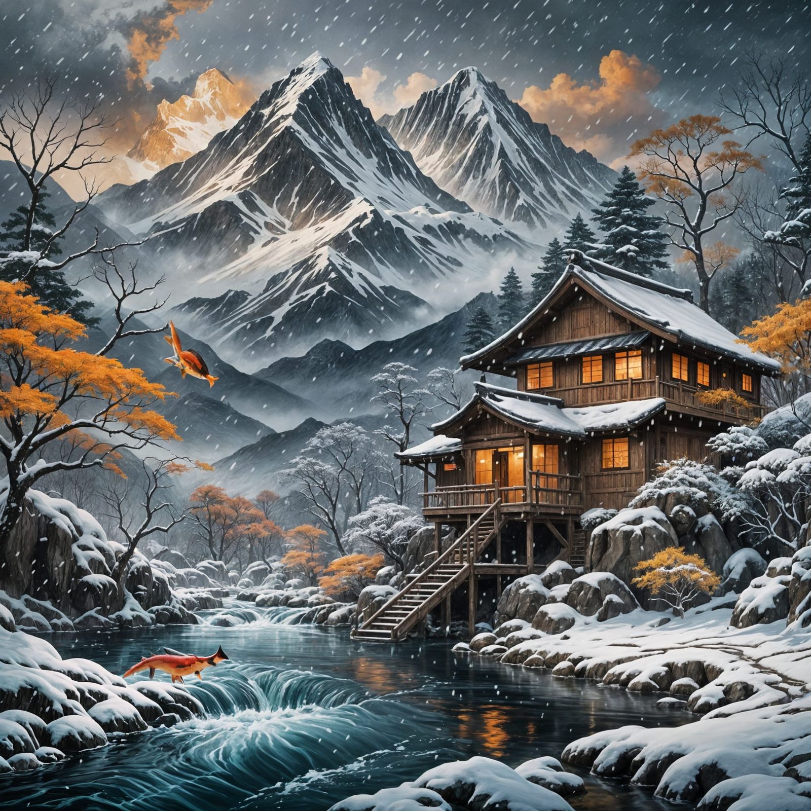 Mountain Hut and Koi in Snowy Storm, Matte Painting