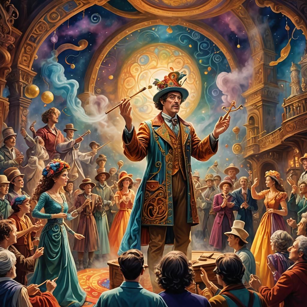 Surreal Imaginarium Stage Show, Vibrant Oil Painting