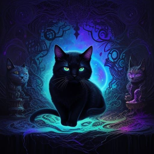 Cosmic Cat in Haunted House, Ethereal Eyes, Vivid Colors