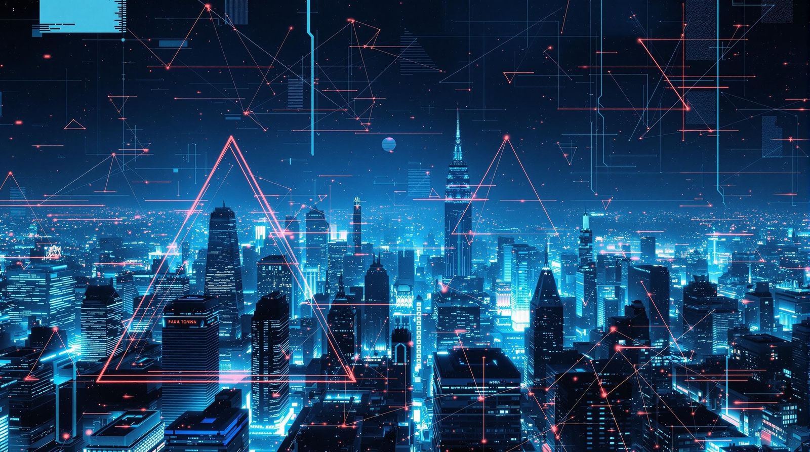 Fractured Futuristic Cityscape with Digital Overlay