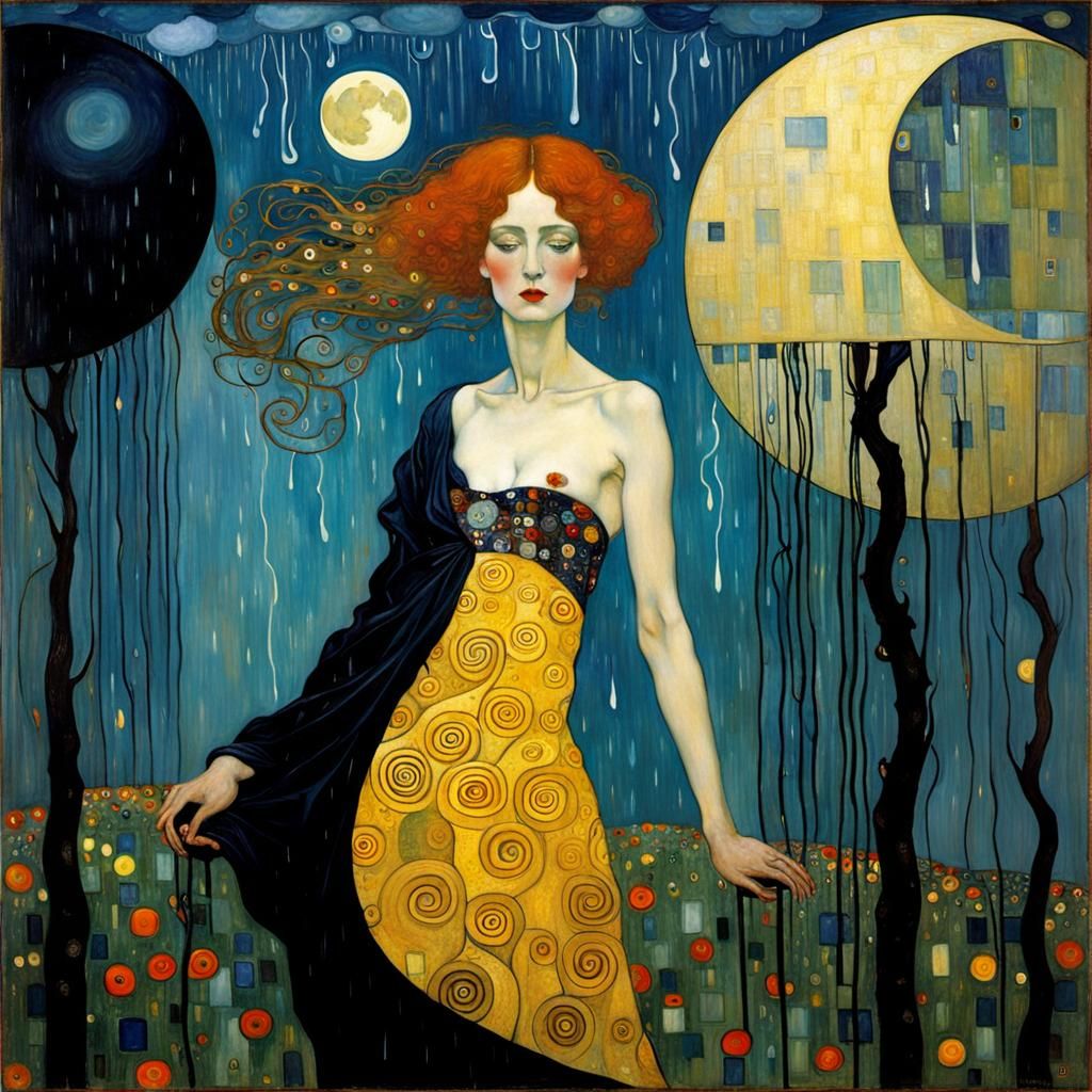 Stormy Girl in Klimt Style: Moonlit Thunder