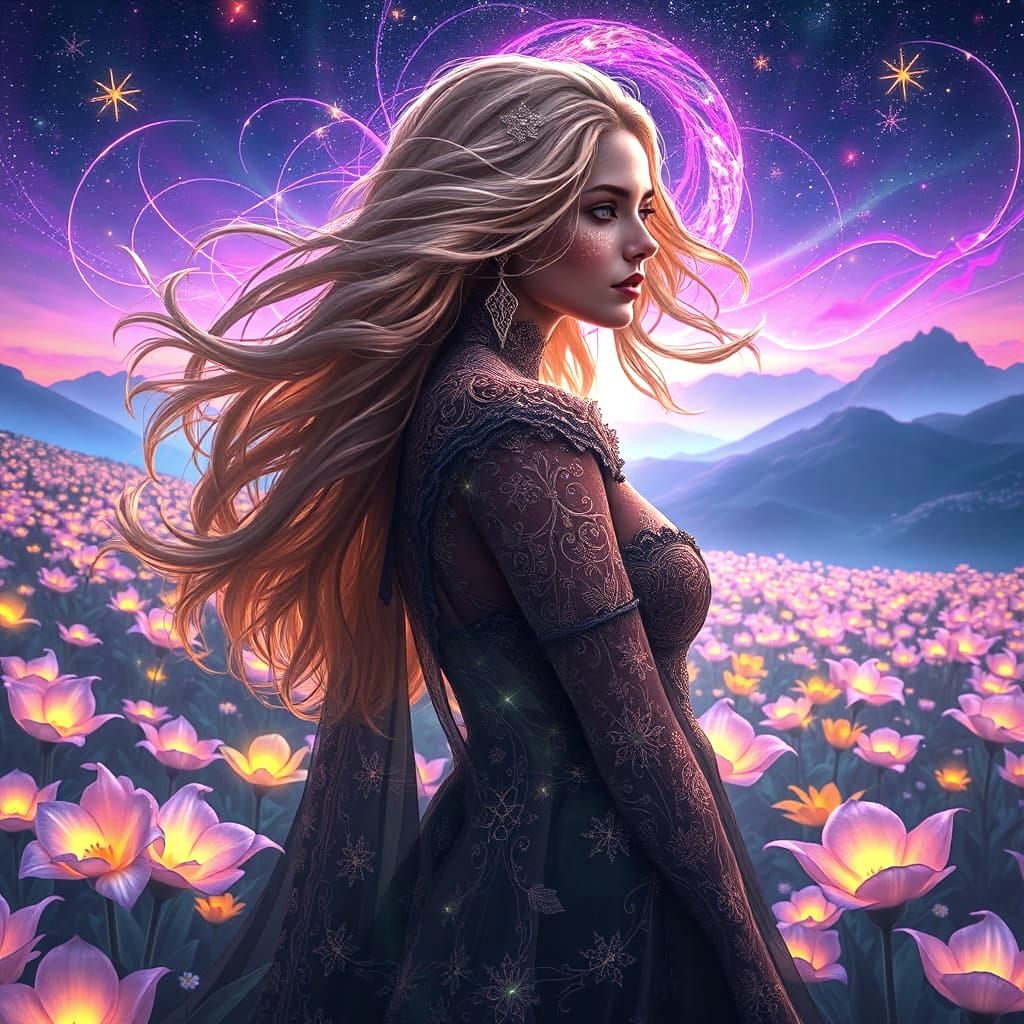 In a mystical landscape, a woman with flowing hair stands am...