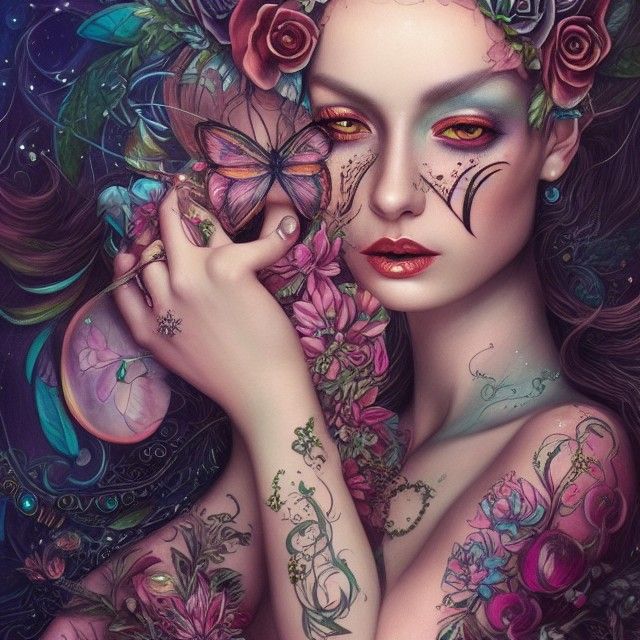 Tattooed Ebony Nymph in Psychedelic Oil Painting Style