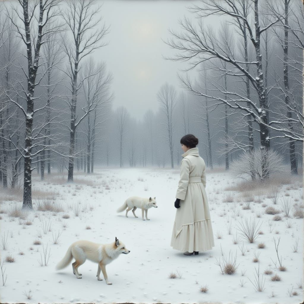 Ethereal Fox Hunts Ptarmigan in Snowy Woodland