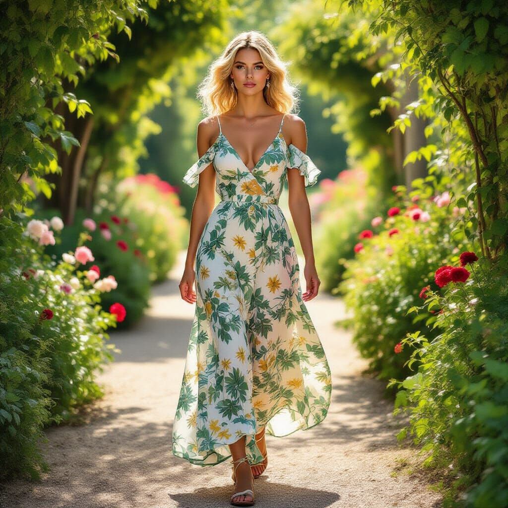 Woman in Floral Dress Walking Down Flower Path